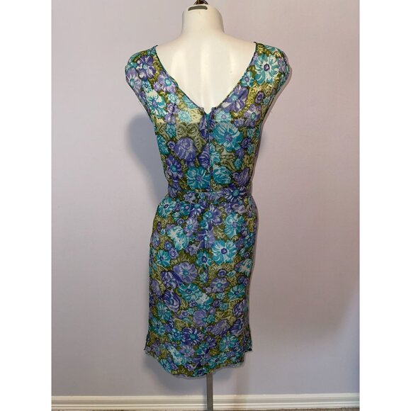 Vtg 60s R&K Blue Purple Floral Chiffon Overlay Sheath Dress Belted Size Small - Picture 6 of 8
